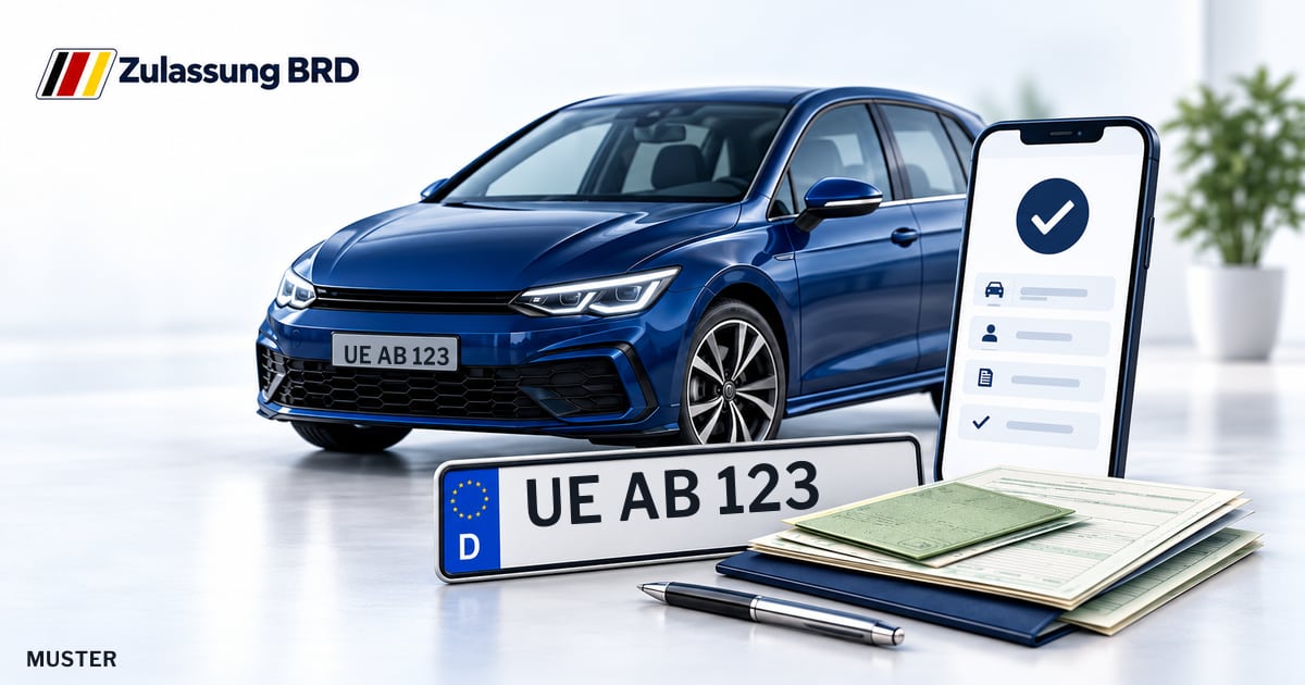 Online Fahrzeugzulassung in Landkreis Uelzen: Musterkennzeichen UE AB 123, Auto und Fahrzeugpapiere und Smartphone. Illustration mit Logo von Zulassung BRD.